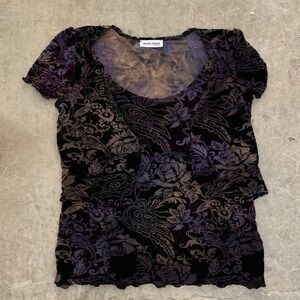 Vintage Marie Claire whimsygoth burnout velvet Black and Purple Floral Top